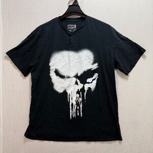 Marvel The Punisher Skull Logo Henley T Shirt Men's 2XL Black Loot Crate Goth